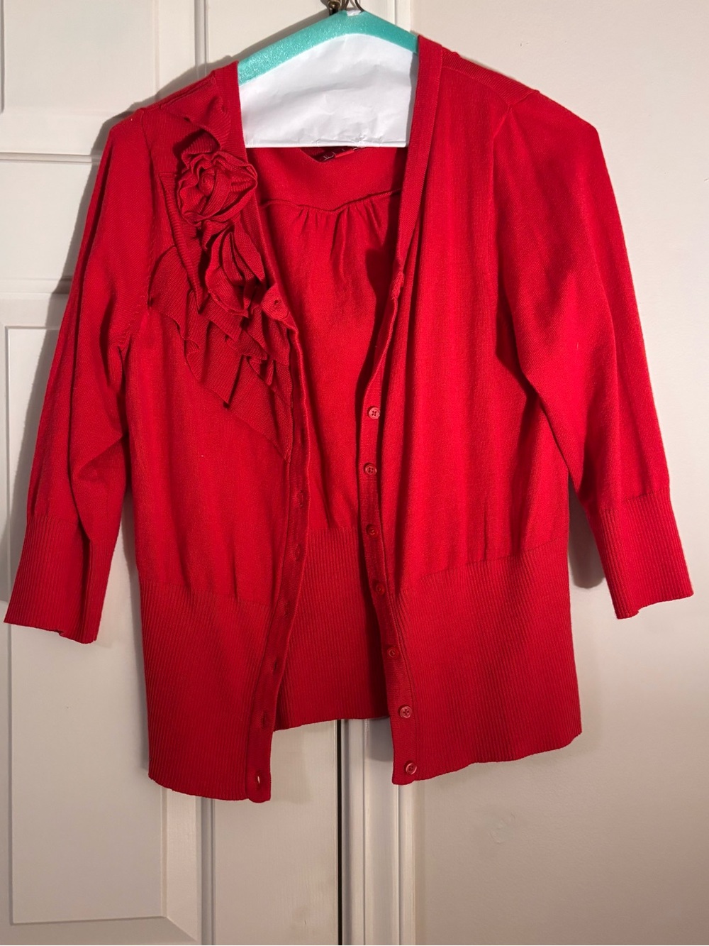 Elle Red Floral-Appliqué Cardigan Set